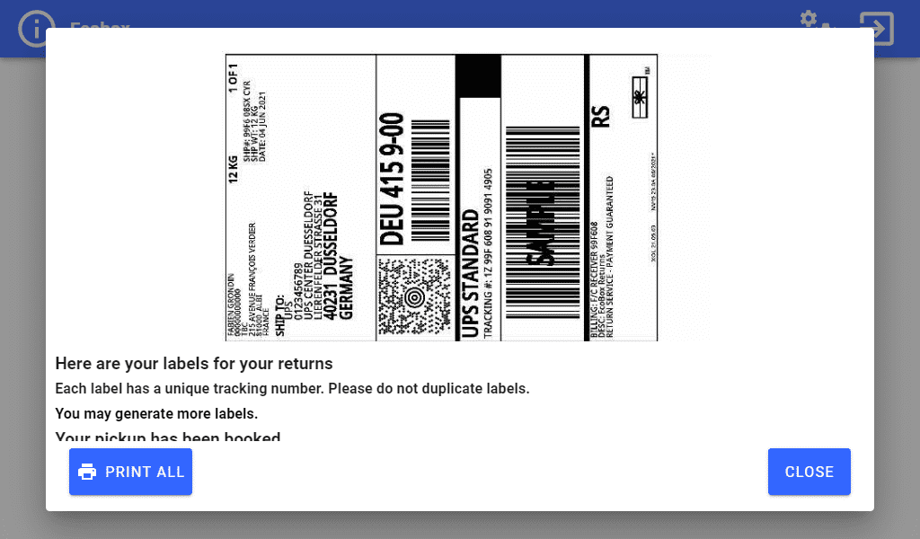 Ecobox application - Printable label screen Ecobox configuration screen return label to be printed